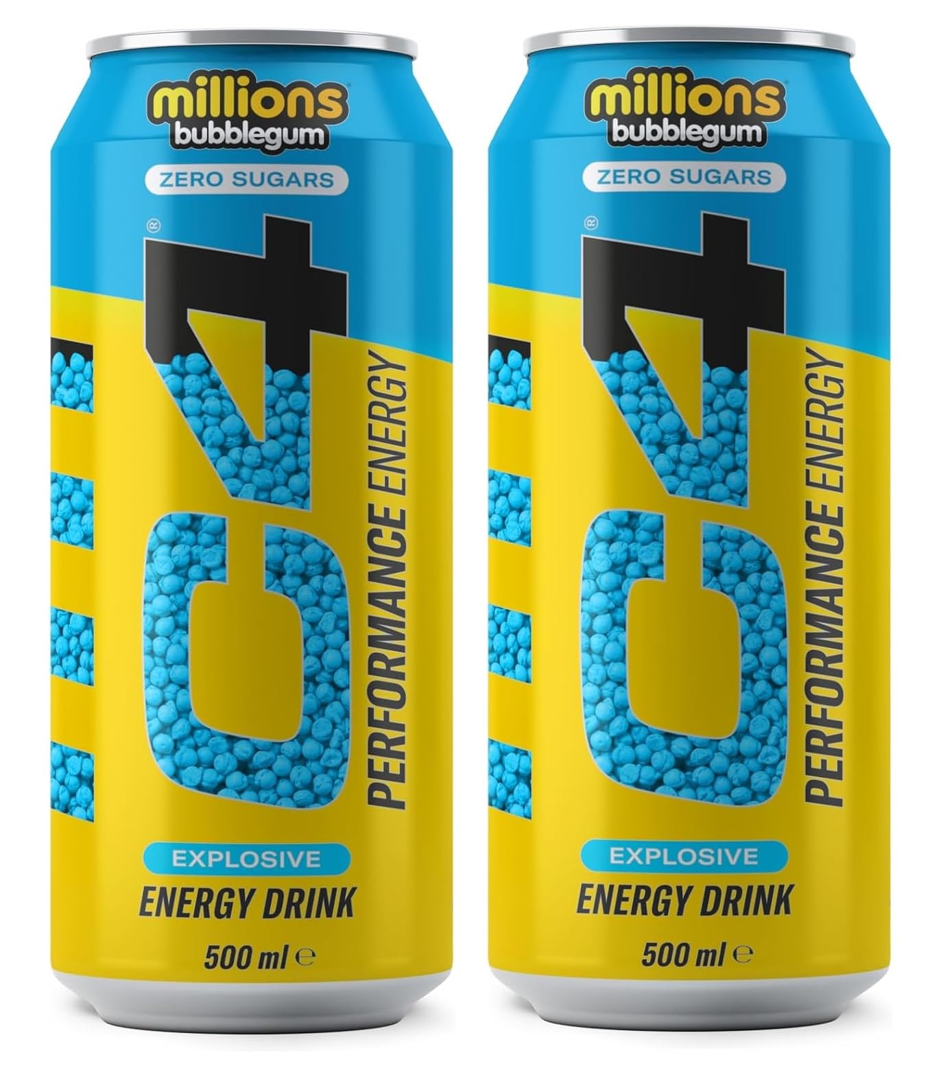 C4 Millions Performance Energy Drink Bubblegum Flavor Zero Sugar, Exclusive 2 Can X 500ml (From United Kingdom)
