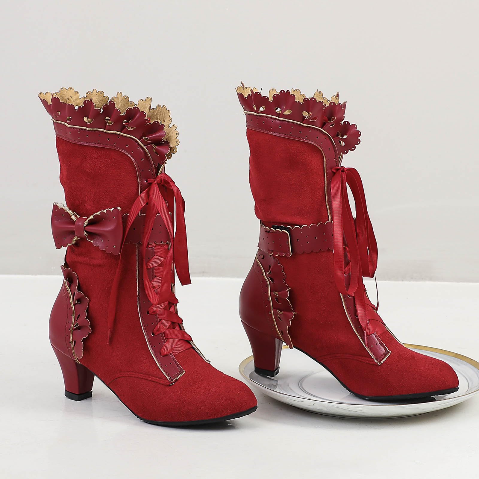 Botas de tacón medio para mujer Elegantes botas con cordones con lazo Punta redonda Botas de vaquero occidentales cómodas Botas de invierno Botas largas para mujer