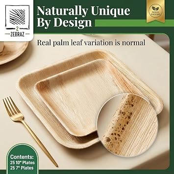 Palm Leaf Plates 50 Pack, 25 Dinner 10 Inch and 25 Dessert 7 Inch, Heavy-Duty Natural Square Plates for Weddings, Parties, BBQs and Catering