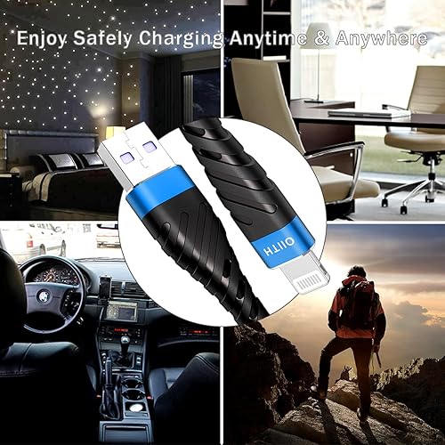 Miniatura 7 de OIITH Paquete de 3 cables de carga de 6 pies con certificación MFi para iPhone, largo para cable de carga Lightning, cable USB rápido de 2.4 A para