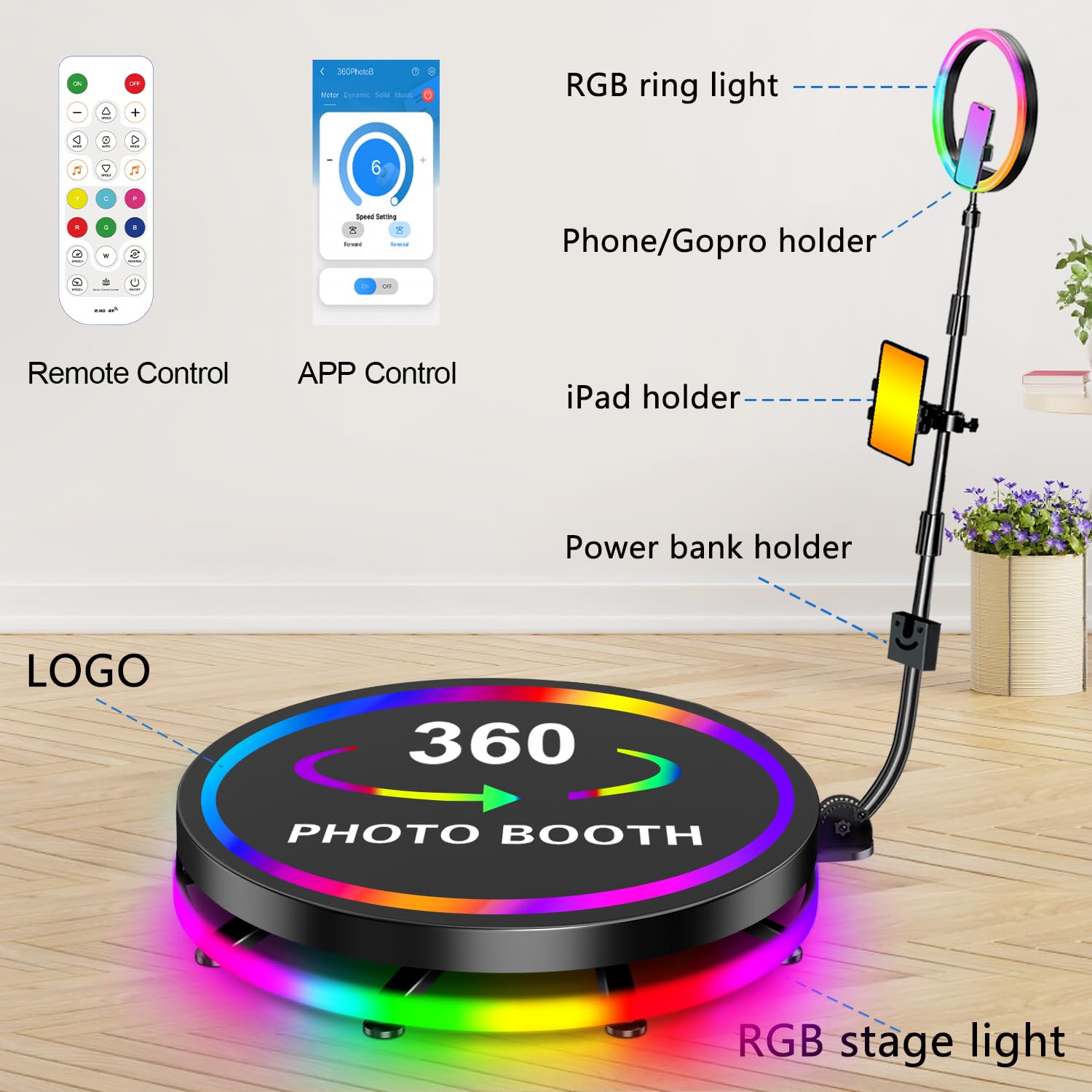 Photomaton 360, 80cm Pro 360 Photo Booth avec Contrôle par APP, Personnalisation Gratuite du Logo, Photobooth 360 Para 1-4 Personas