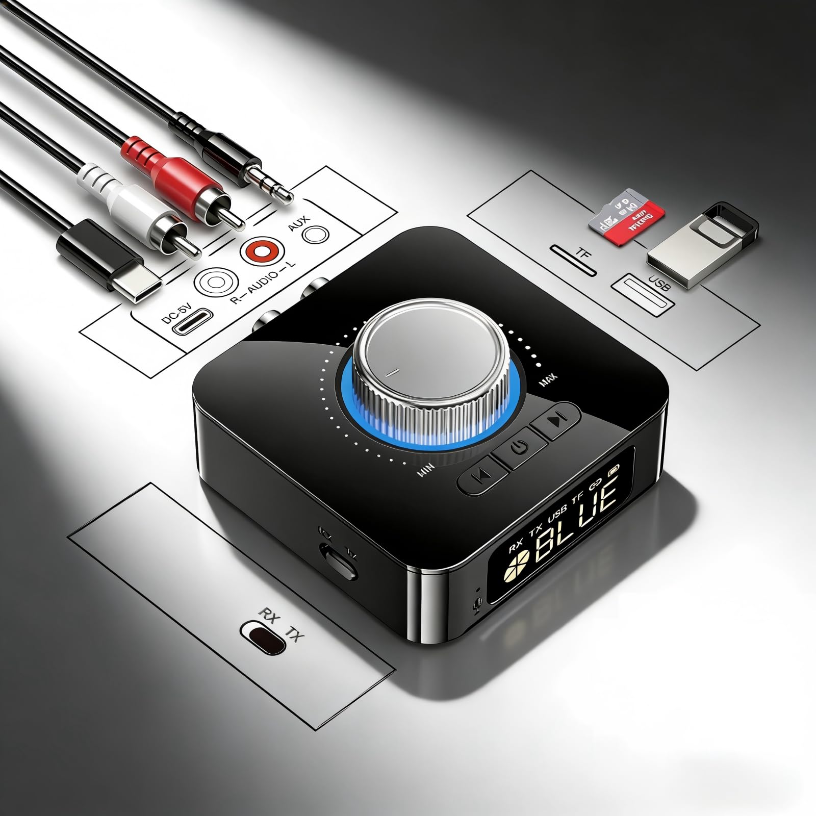 Adaptateur Bluetooth 6.0 HiFi, Émetteur/Récepteur avec Affichage LED, 2RCA/3.5mm AUX, Lecture USB/TF et Appels Mains Libres, Compatible avec Smartphone/Home Cinéma/Voiture/TV/PC/Enceintes