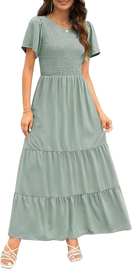 Kranda Women's 2023 Summer Round Neck Short Flutter Sleeve Smocked Ruffle Floral Maxi Dress