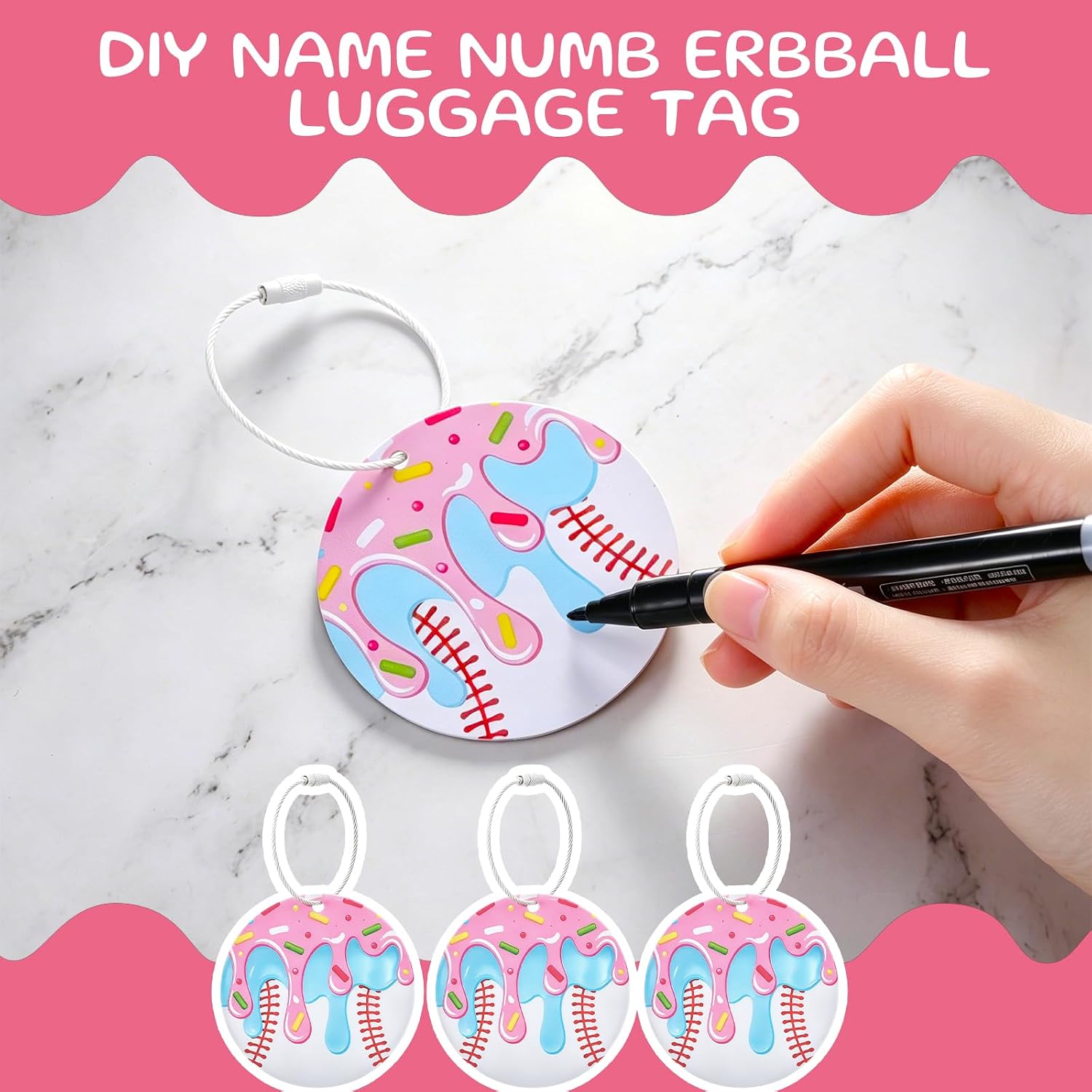 Eccliy 24 Pcs Ice Cream Drip Baseball Luggage Tags Bulk 2.75 Inch Travel Suitcase Labels DIY Baseball Keychain Name Tags for Travel Bag Suitcase Team Themed Party Favor