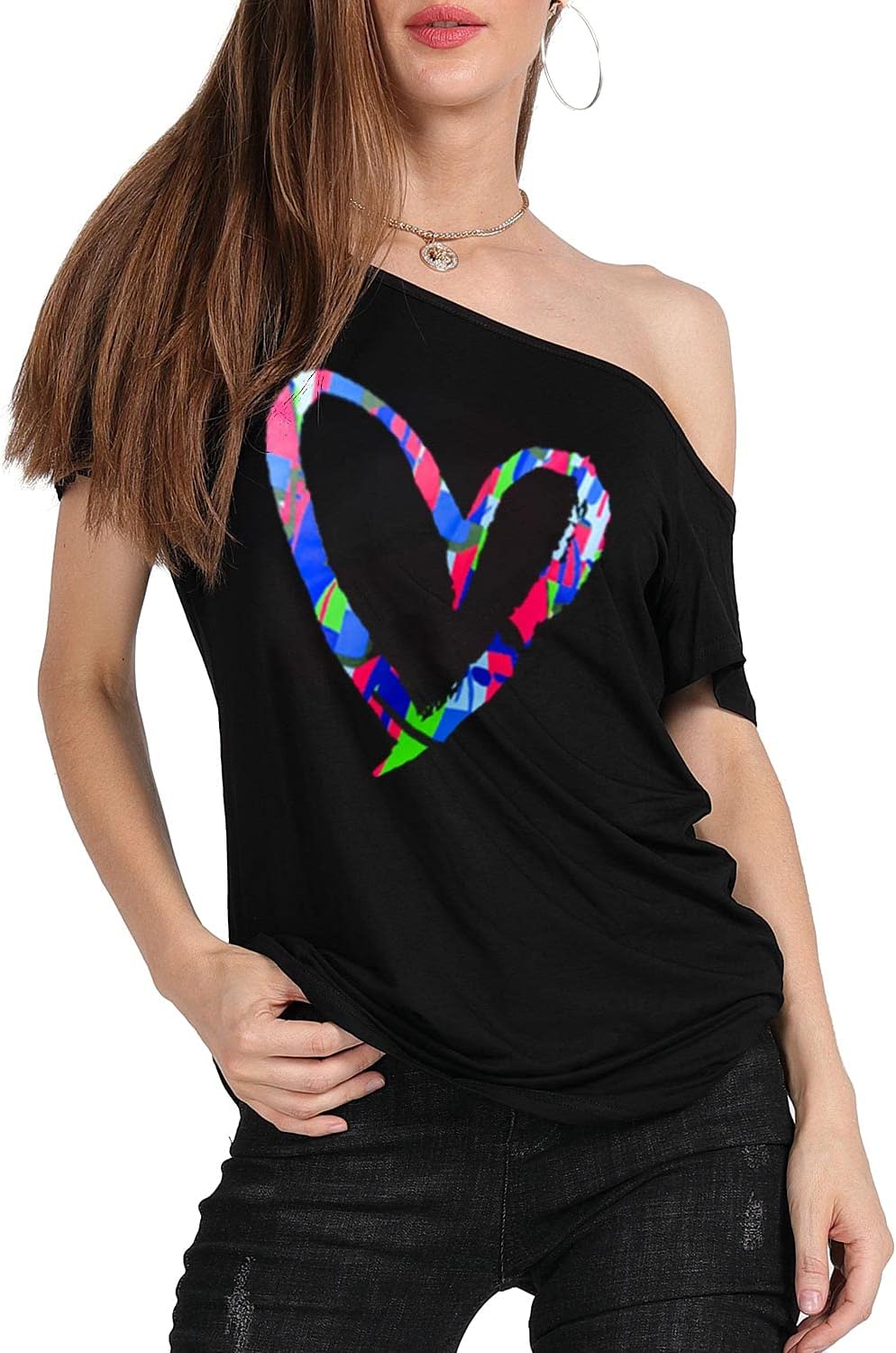 MAGICMK Women’s Short Lips Print Causal Off The Shoulder Plus Size T-Shirt Tops - Image 4