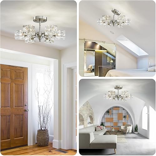 Miniatura 2 de XINGQI Lámpara de techo semiempotrada de 6 luces, 16.9 pulgadas, moderna lámpara de níquel cepillado, lámparas Sputnik para comedor, sala de estar,