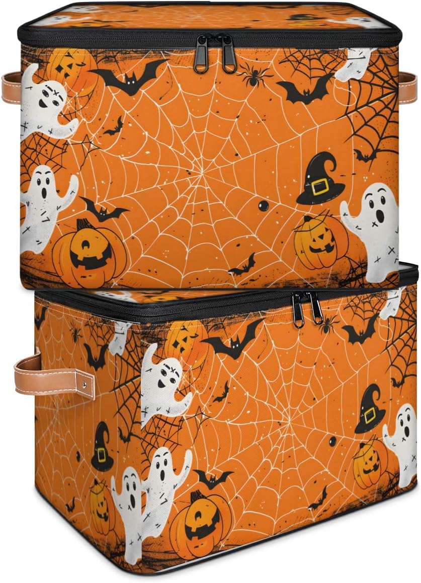 Storage Bin Set of 2 Ghost Spider Web Storage Basket with Zipper Lid & Handle Foldable Closet Shelf 2 Pack Cloth Organizer Basket Cube Bins Clothes Organizer for Bedroom, Nursery