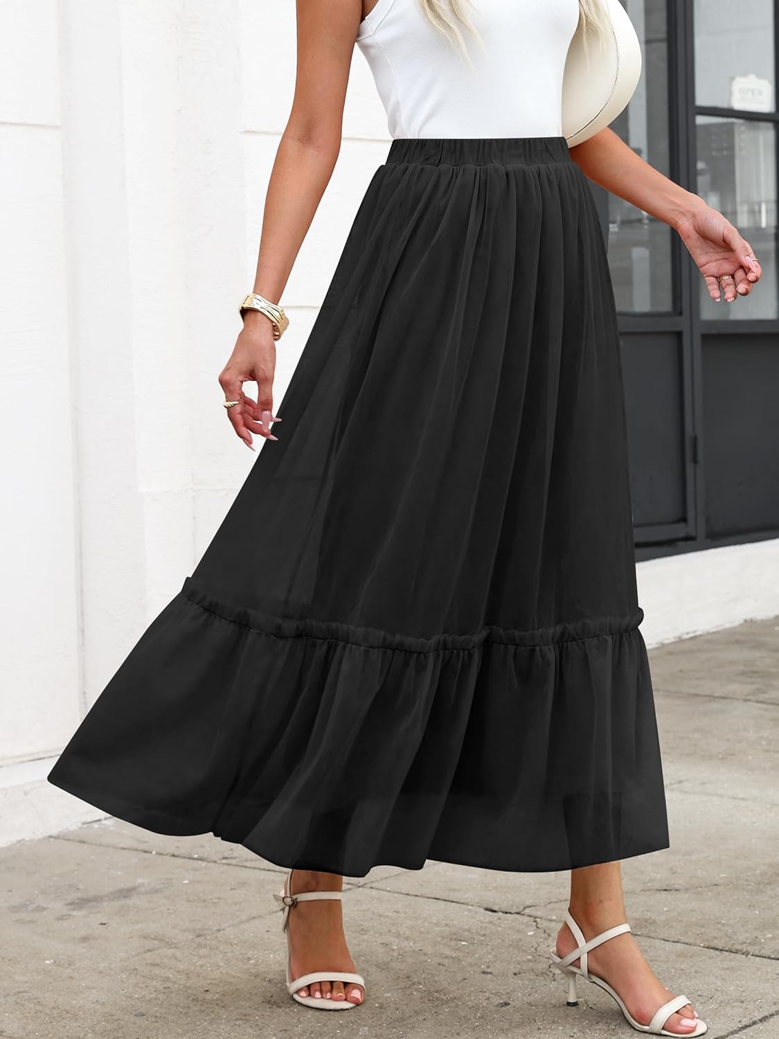 ANRABESS Maxi Skirts for Women Tulle Long Tiered Elastic High Waisted A Line Flowy Dressy Casual Skirt 2025 Fall Trendy - Image 3
