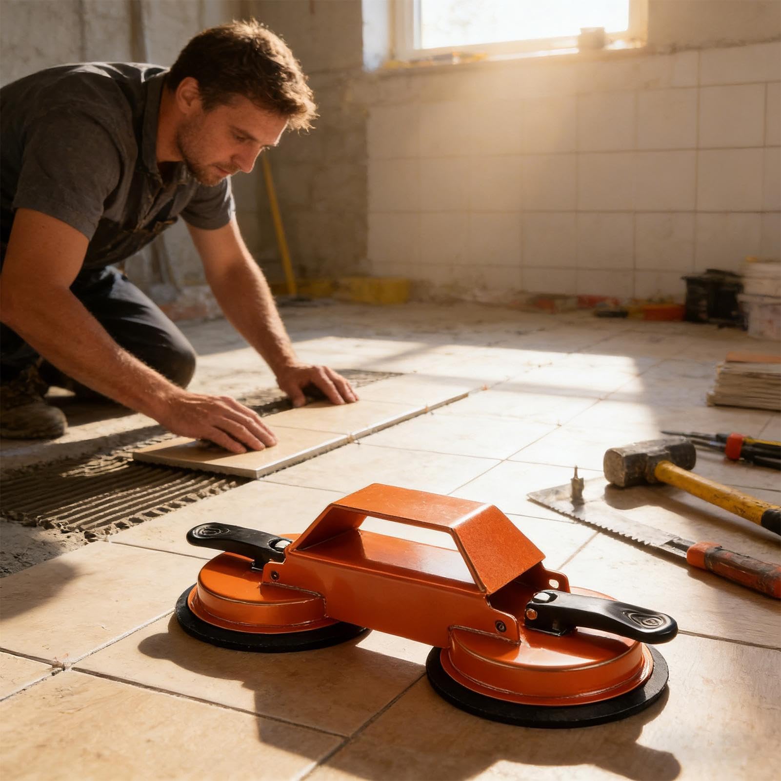 Laminate Floor Repair Tool - Adjustable Closing Suction Cup, Heavy Duty Aluminum Handle Lifter, Floating Wood Plank, Tile Glass Carrier