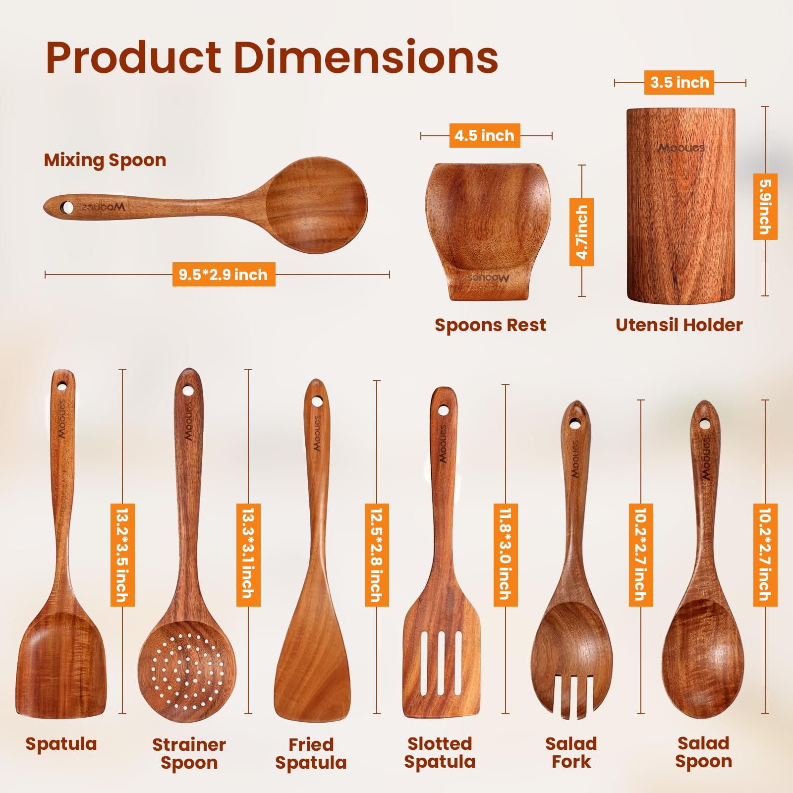 Ustensiles de Cuisine en Bois de Teck 9 Pièces, Ensemble Premium avec Cuillères, Spatule et Support, Naturels, Résistants à la Chaleur et Anti-Rayures, Facile à Nettoyer pour Cuisine Quotidienne (9)