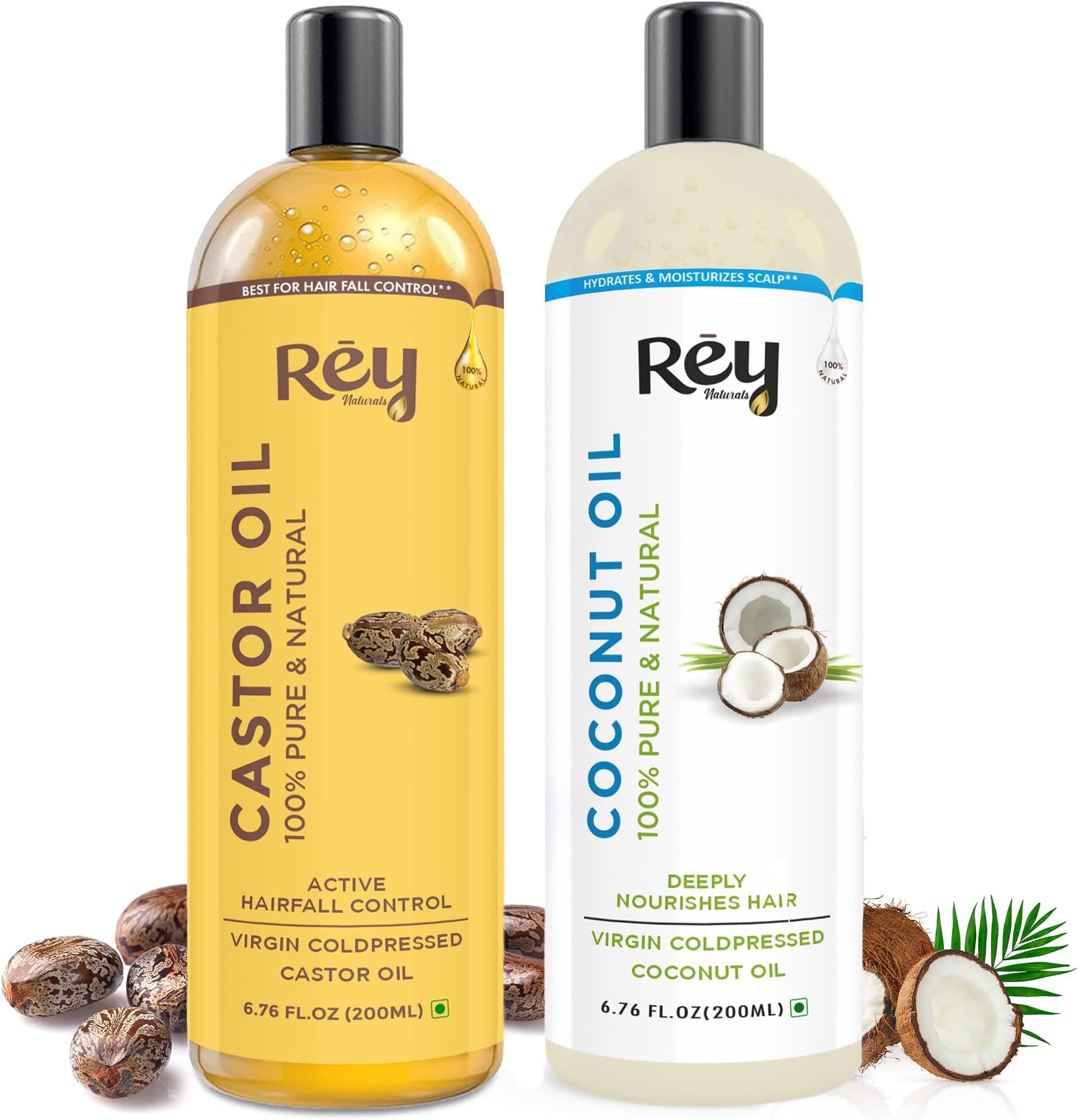 Rey Naturals Cold Pressed Castor Oil & Virgin Coconut Oil For Hair Growth - 200ml×2 | Coconut Oil For Skin Care | Castor Oil For Skin, Eyelashes & Eyebrows | Non Comedogenic Hair Oil For Hair Growth