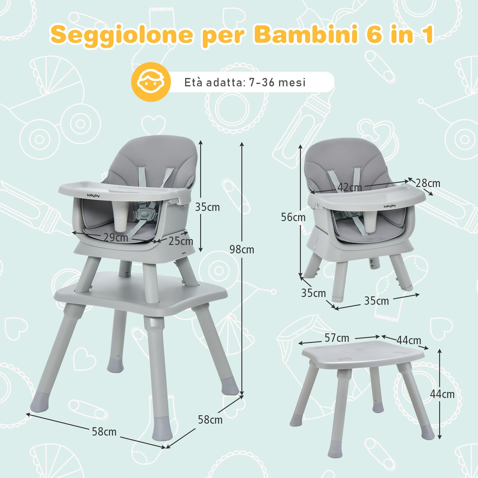 RELAX4LIFE 6 en 1 Trona Bebé con Arnes de 5 Puntos y Cojín Desmontables, Tronas de Bebe Portátil con Bandeja Ajustable y Extraíble, Mesa y Silla Infantil para Niños 6+ Meses, Carga 25kg (Gris)