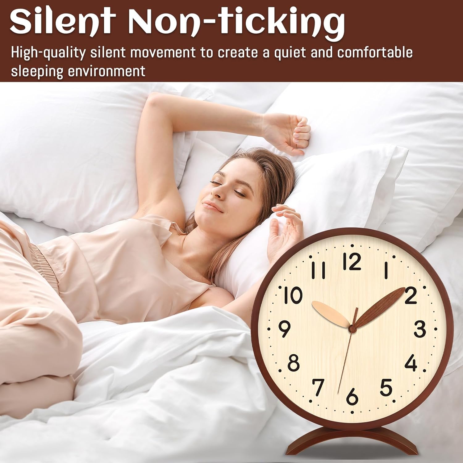 Maxspace Table Clock-8 Inch Silent Non-Ticking Wooden Timepiece Desk Clock, Battery Operated Decor Round Clock for Living Room Office Bedroom Decor (Walnut - Log)