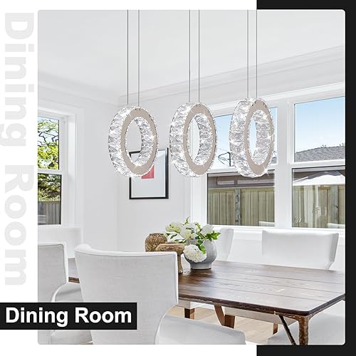 Miniatura 5 de Buccleuch Candelabro de cristal de 3 anillos, lámpara colgante LED regulable, luz colgante ajustable de acero inoxidable, candelabros de cristal