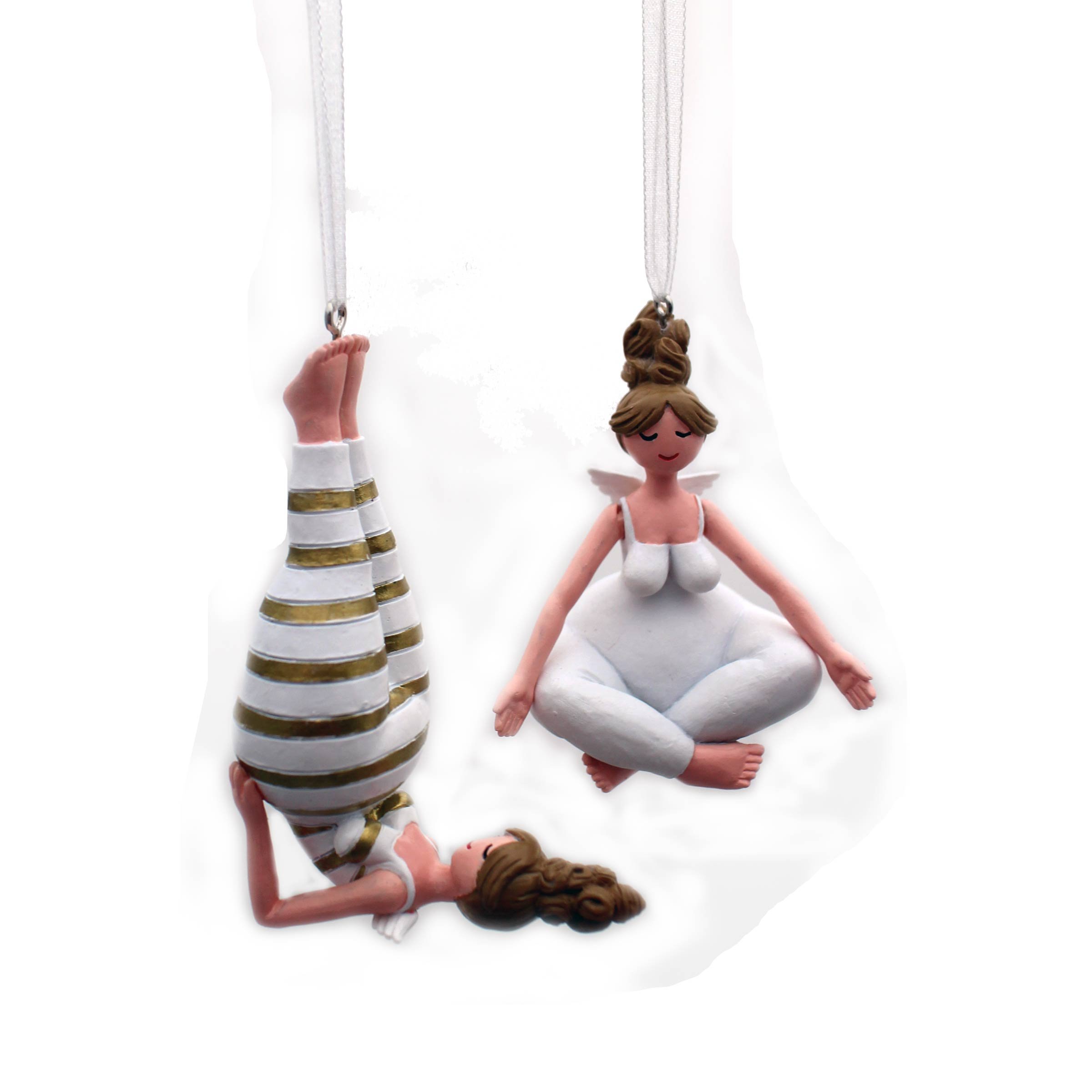 Yogaengel Set 2 – handgefertigte Engel in Yoga-Posen – ca. 11 × 5,5 × 3,5 cm - Deko für Fenster, Baum & Geschenke, Weihnachtsdeko Hänger Christbaumschmuck Dekoration Set/2