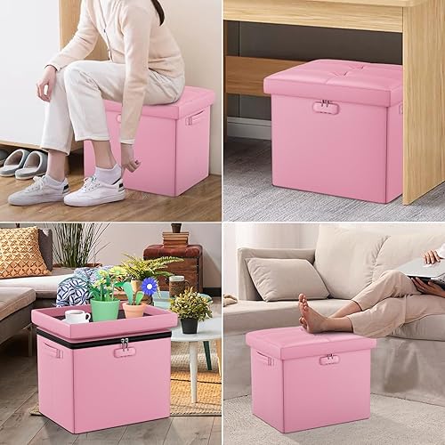 Miniatura 5 de DocSafe Taburete otomano de almacenamiento con cerradura y asas, taburete plegable de cuero ignífugo con caja fuerte de almacenamiento para sala de