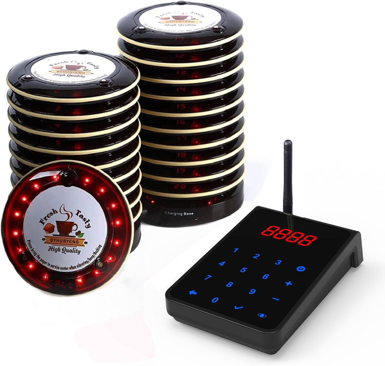 Restaurant Pager System Wireless Calling System with 20 Long Range Restaurant Buzzers Alert, 1 Touch-Screen Keypad for Coffee Shop Food Truck Church Nursery