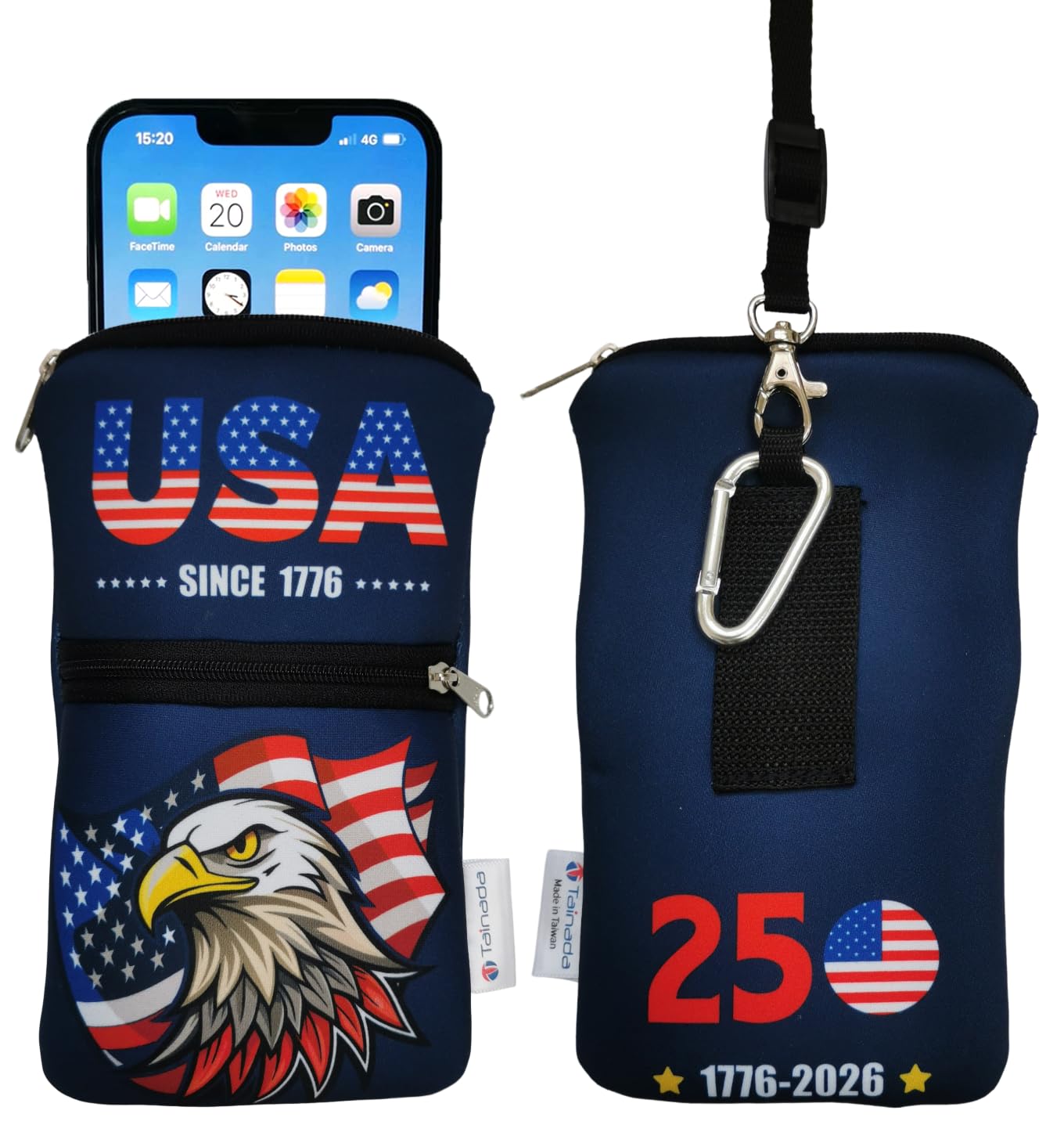 Tainada Dual Zipper Neck Cell Phone Pocket Pouch w/Belt Loop (USA Eagle) | For Men/Women; Water-resistant neoprene material, shockproof, lightweight, w/carabiner; Compatible with most of smartphones