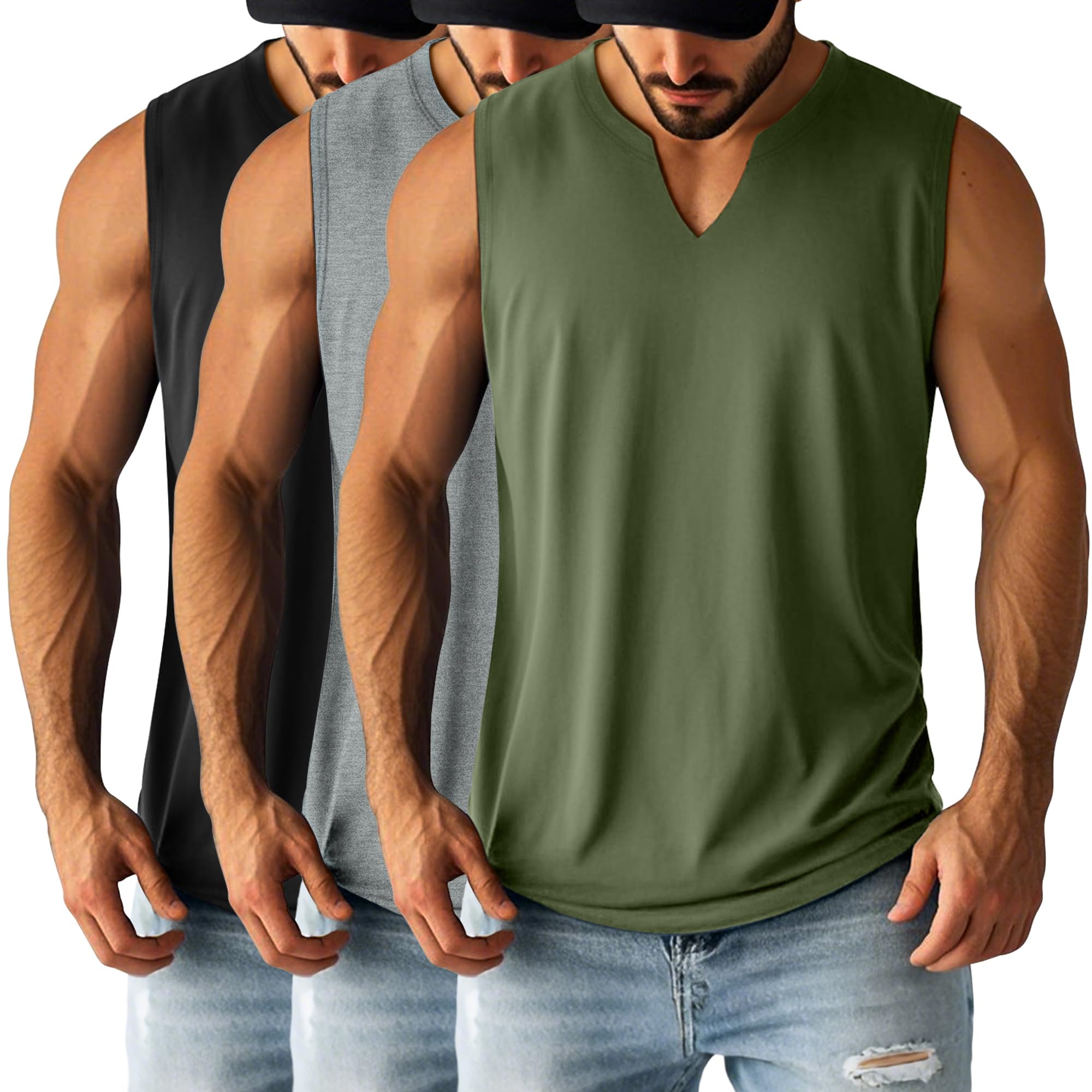 Ficerd 3 Pack Men's Sleeveless Shirts Big and Tall V Neck Workout Tank Tops Muscle T Shirts Summer Athletic Casual Basic Tees