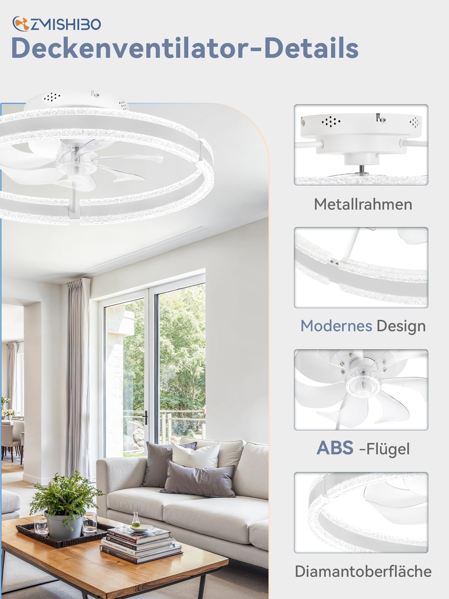 ZMISHIBO 51 cm Deckenventilator mit Beleuchtung,(weiß), Doppelring LED, APP & Fernbedienung, 6 Geschwindigkeiten, Vorwärts-/Rücklauf, 3000K-6000K dimmbar 10%-100%, Memory-Funktion, 2H Timer