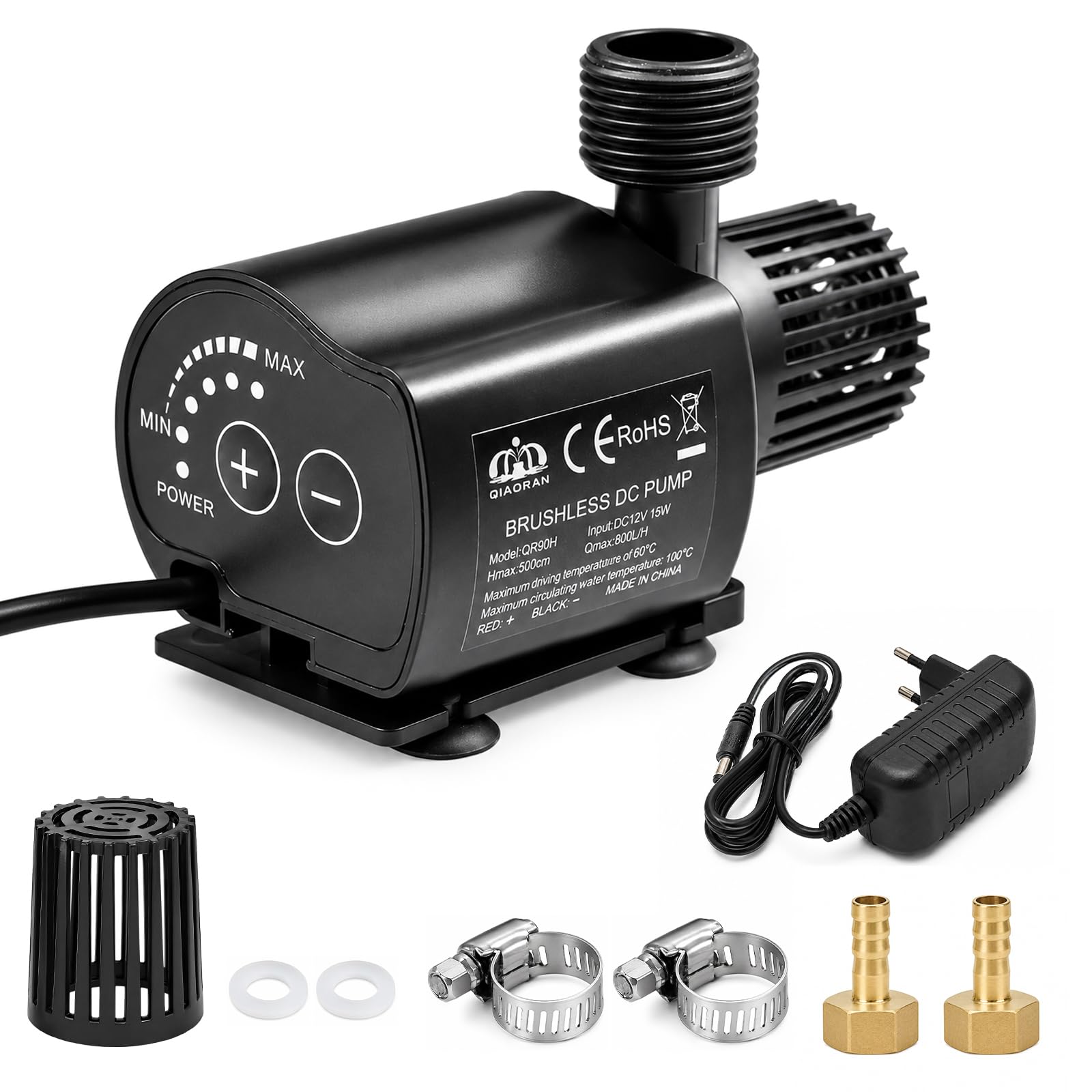 Pompa dell'acqua da 12 V, 800 l/h, 15 W, mini pompa sommergibile con cavo da 1,5 m e flusso regolabile a 5 livelli, altezza di erogazione 4,5 m, silenziosa in acciaio inox, per acquari, fontane