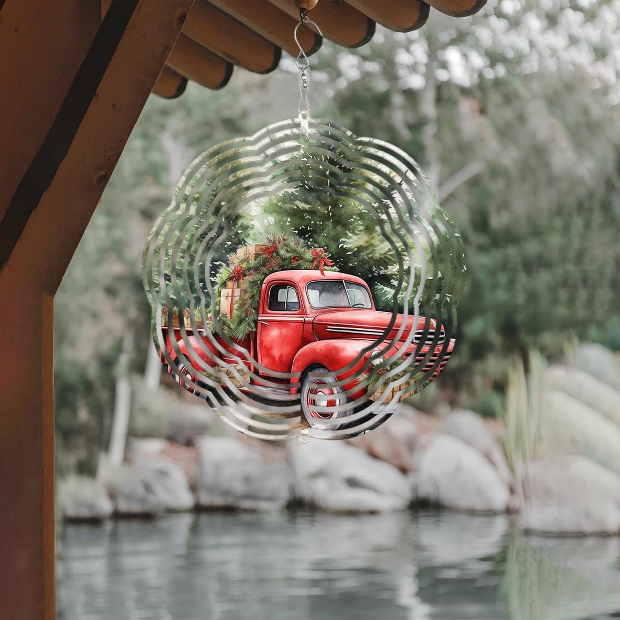 Red Truck Pine Tree Christmas Wind Spinners 3D Stainless Steel Laser Cut Metal Double Sided Printing-Hanging Indoor/Outdoor Decorations Yard Gardening Decor,Metal Kinetic Art 14x14 inches