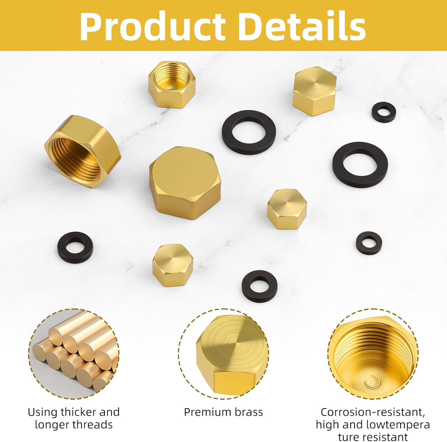 6 PCS Brass Pipe Caps with Rubber Gaskets - Hex Compression End Caps for Gas & Water Lines, Brass Nut Gas line Water line Stop Valve Cap Pipes Plug Plumbing Fit for 1/4 3/4 3/8 Inch Pipe Connection