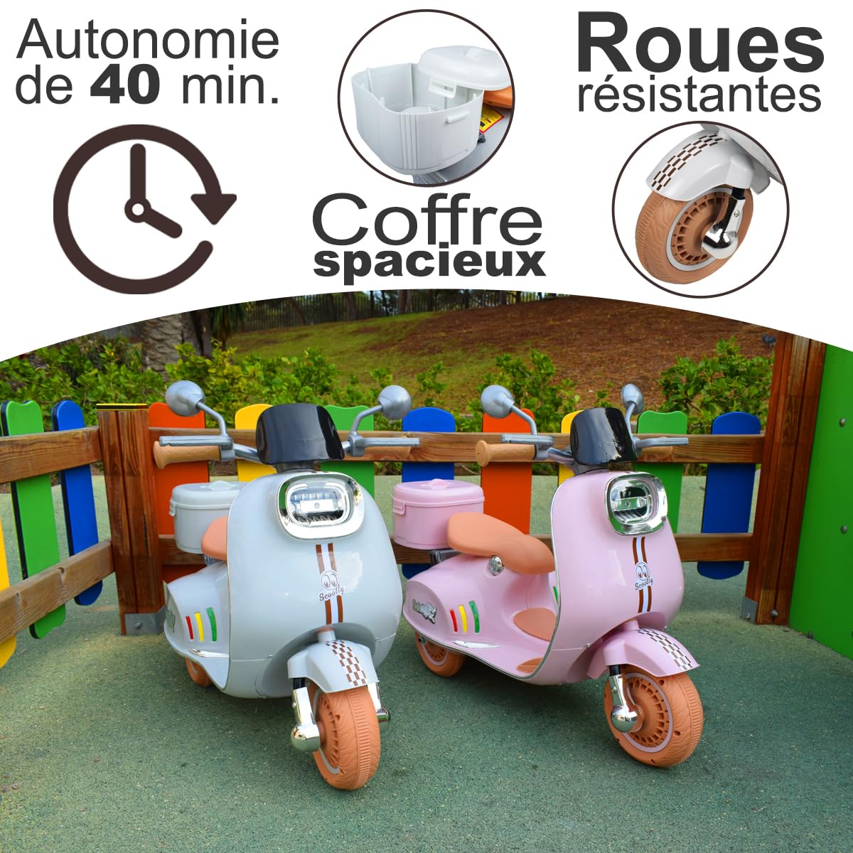 Twinly - Scooter électrique pour enfants avec chargeur, accélérateur à pédale et fonctionnalité USB, lumière et MP3 Bluetooth (Rose)