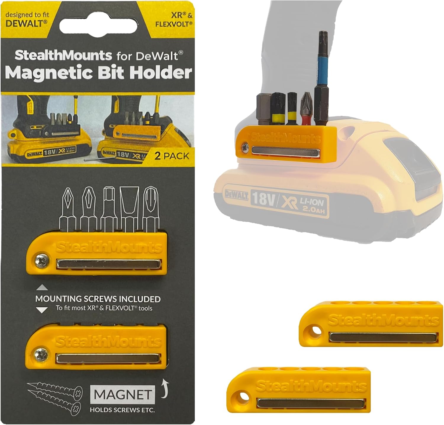 StealthMounts Yellow Magnetic Bit Holder | Drill Bit Organiser | Perfect Bit Holder Compatible with Dewalt XR & Flexvolt Drills and Impacts (2 Pack)