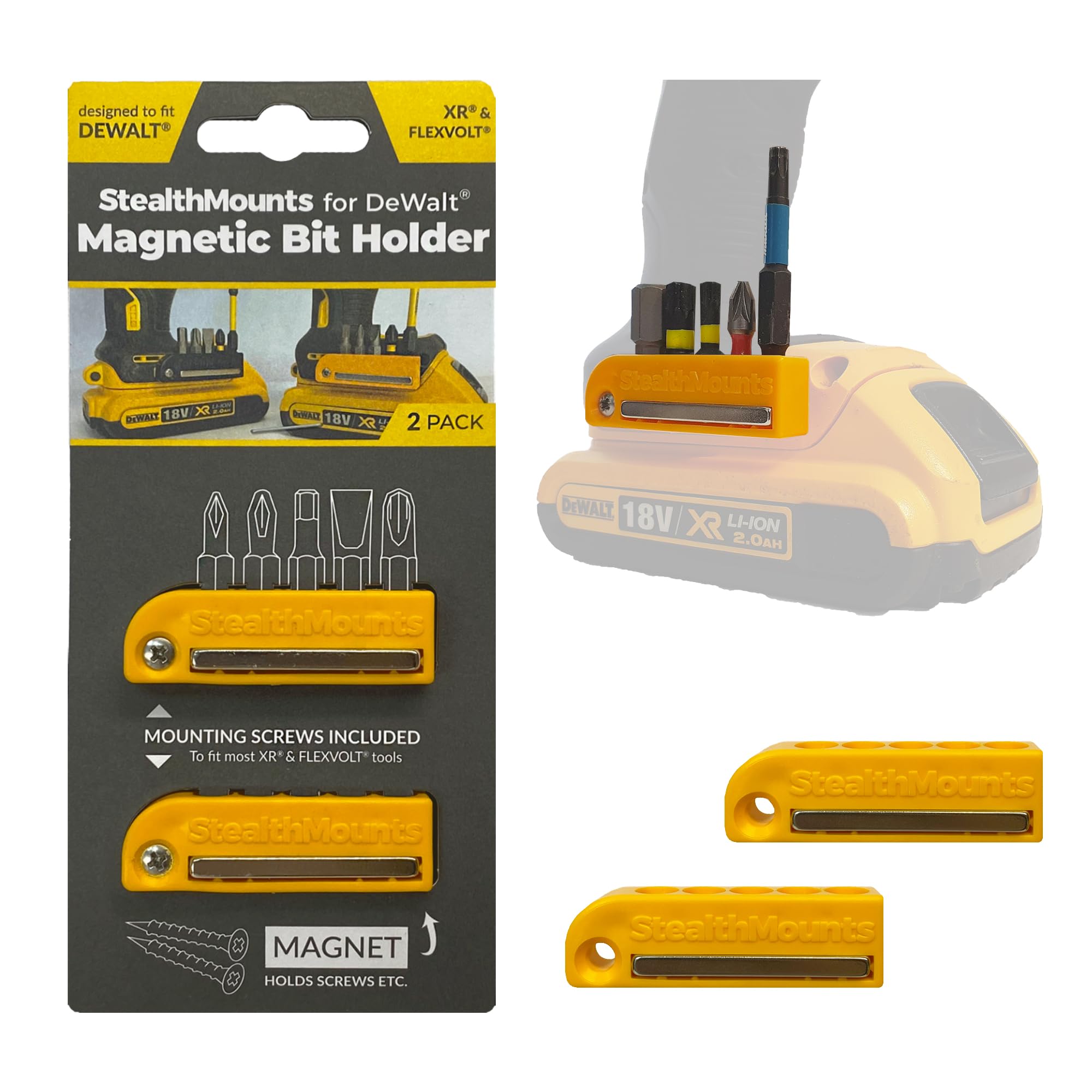 StealthMounts Dewalt XR et Flexvolt Support d'embouts magnétiques | Organisateur d'embouts de perceuse | Parfait pour les forets et embouts Dewalt | Maintien ferme | Facile à utiliser (Lot de 2) Jaune