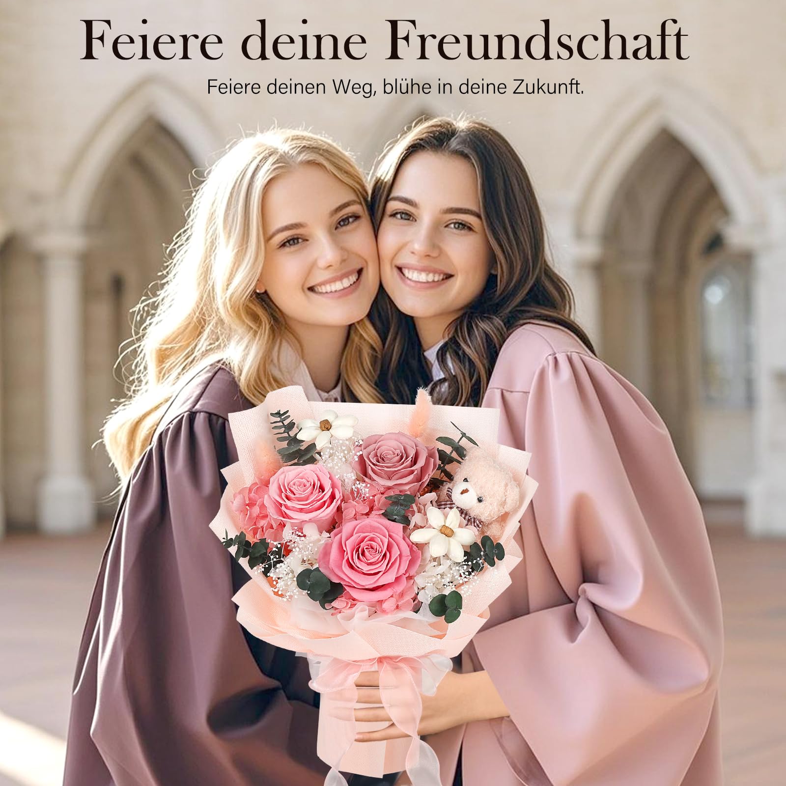 Konservierter Blumenstrauß mit Bär, 3 Infinity Rosen, rosa Rosenstrauß, Geschenke für Frauen, Valentinstag, Muttertag, Jahrestag und Geburtstagsgeschenk für Freundin, Mädchen, Mama