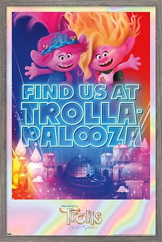 Trends International Trolls Band Together - Póster de pared de Viva y Amapola en Trolla-Palooza, 14.72 x 22.37 pulgadas, versión enmarcada de madera