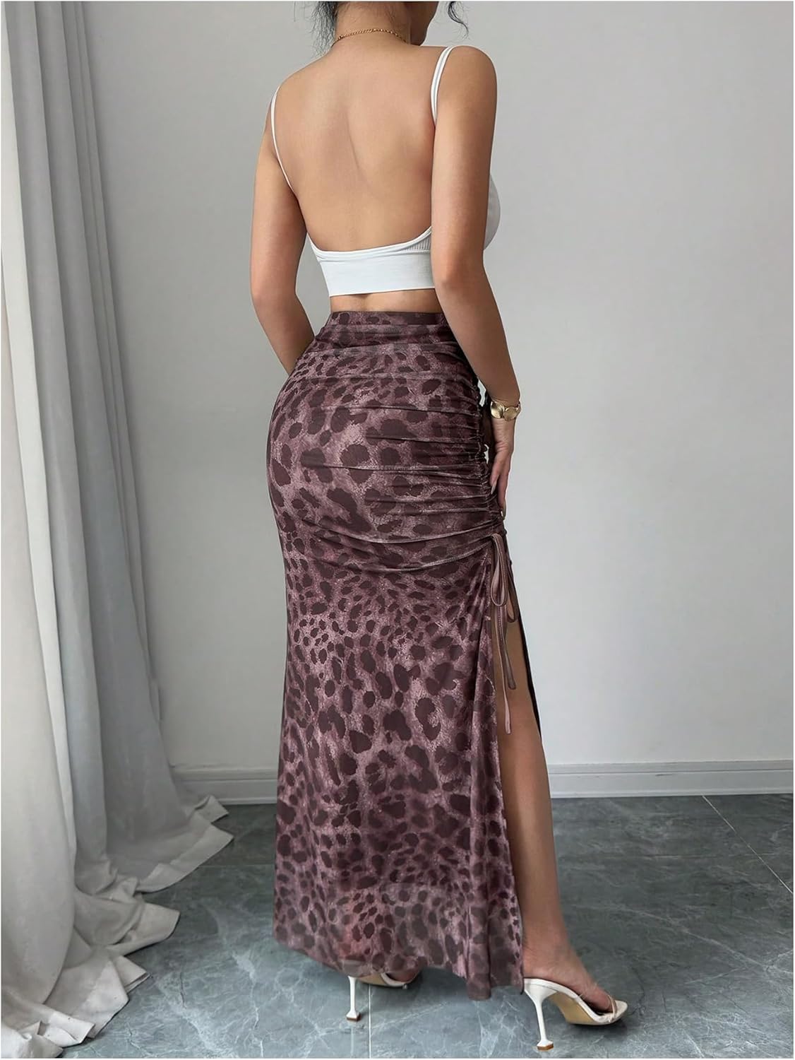 SHENHE Women's Chiffon Leopard Print Ruched Drawstring Split Thigh Bodycon Maxi Skirt - Image 3