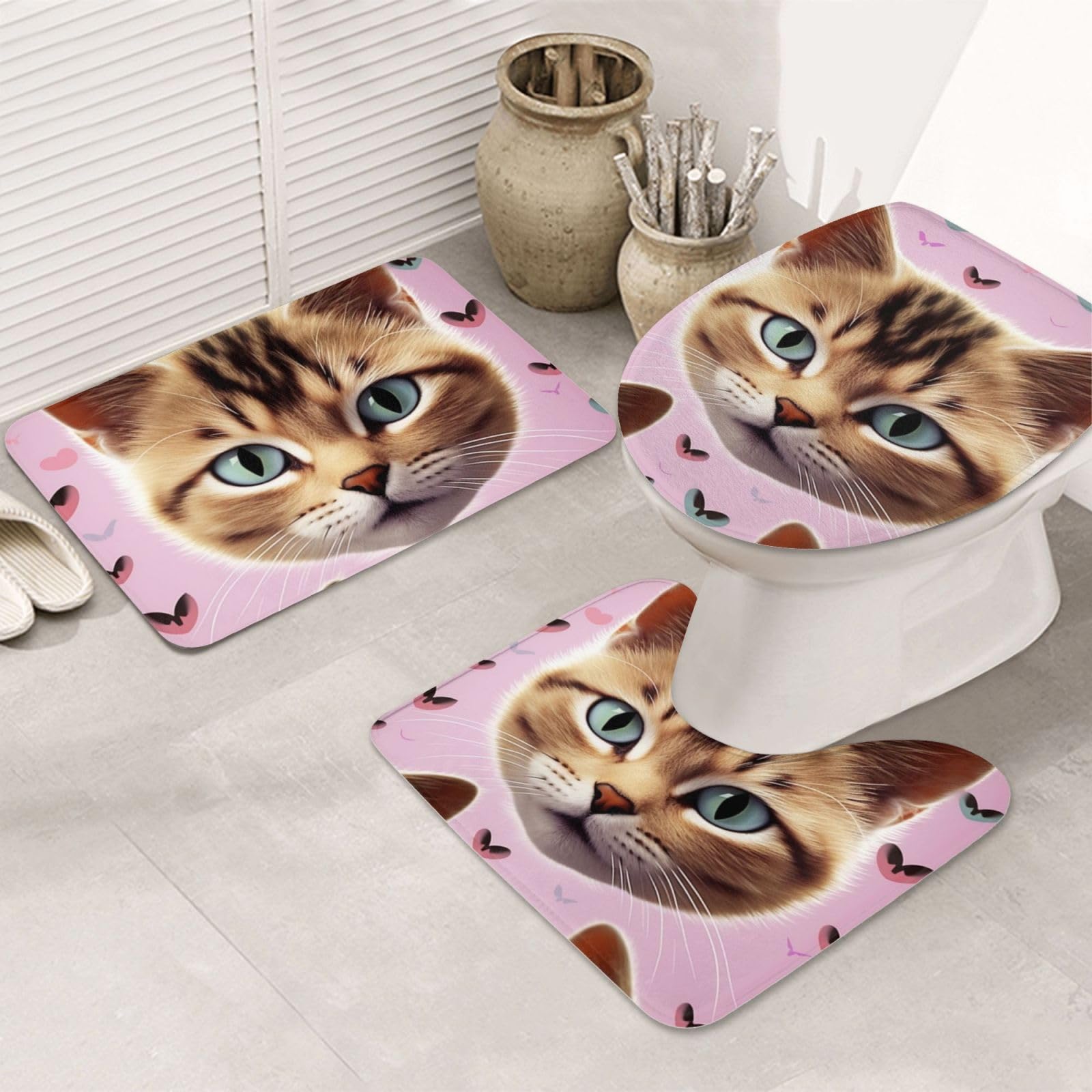 Tapis de bain motif chat lot de 3 pièces absorbant et lavable