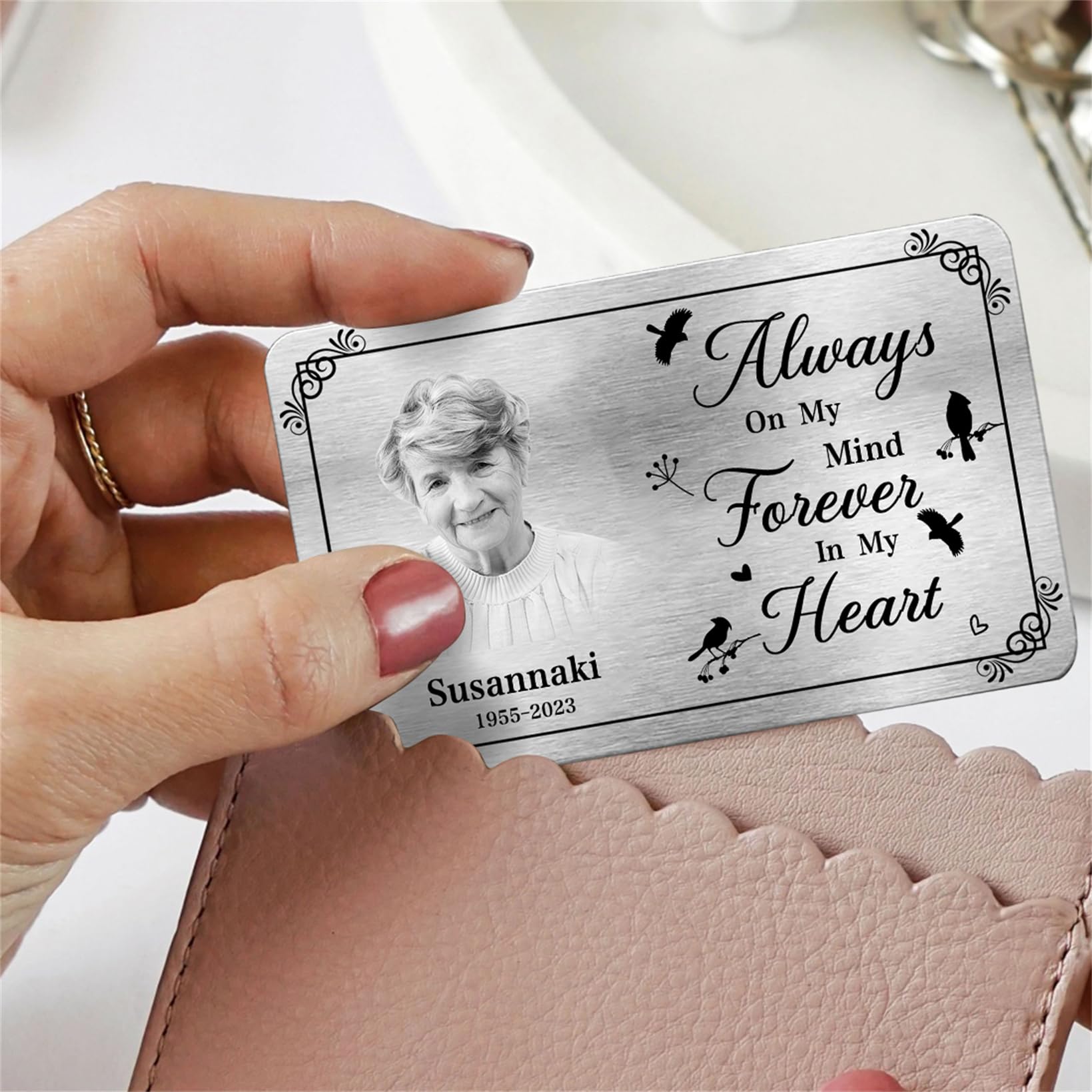 Custom Photo Always On My Mind Forever In My Heart Memorial Wallet Card Personalized Metal Wallet Card Sympathy Gift For Family Members Personalized Metal Wallet Card Keepsake Wallet Card for Lover