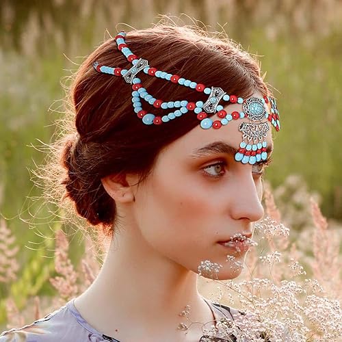 Miniatura 5 de Urieo Cadena de cabeza bohemia turquesa con cuentas azules con cuentas para la frente, diadema étnica gitana, accesorios para el cabello para mujeres
