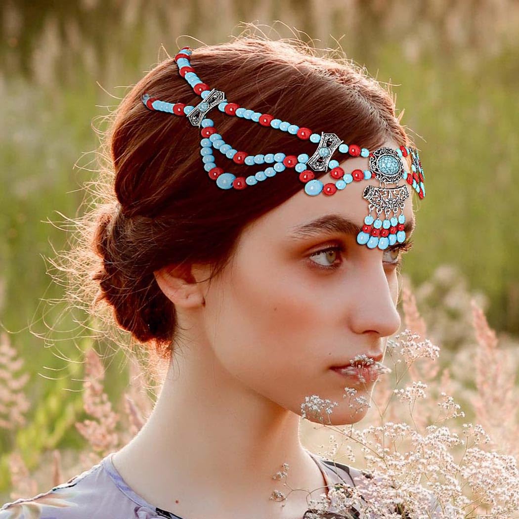 ✨Bohemian Turquoise & Brown Beaded Headchain Amazon.com : Urieo Boho Turquoise Head Chain Blue Beaded  main image 3