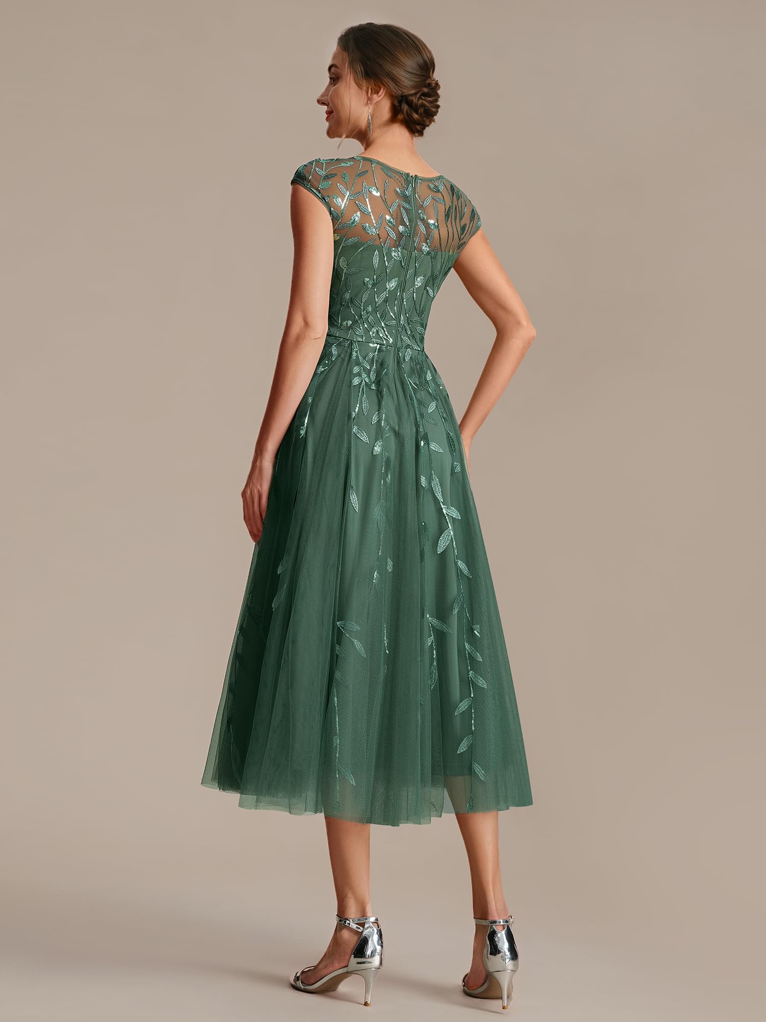 Ever-Pretty Vestito Donna Elegante Collo Rotondo Maniche Corte Paillente Midi Gonna Svasata EG02778