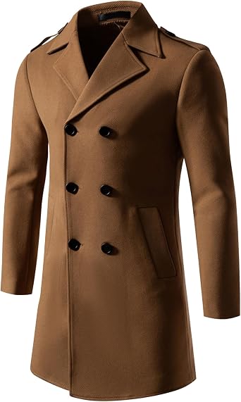 DGKaxiyaHM Mens Retro Classic Wool Blend Coat Double Breasted Winter Overcoat Notched Lapel Collar Warm Outerwear 58,Brown