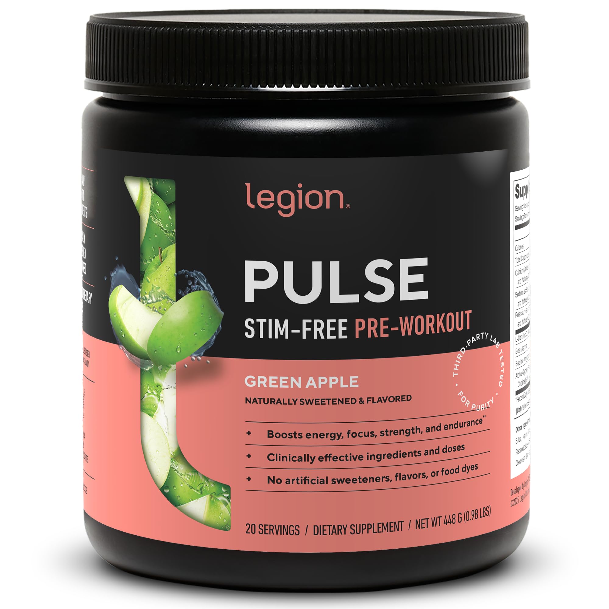 Pulse Pre Workout Supplement - All Natural Nitric Oxide Preworkout Drink to Boost Energy, Creatine Free, Naturally Sweetened, Beta Alanine, Citrulline, Alpha GPC (Caffeine Free Green Apple)