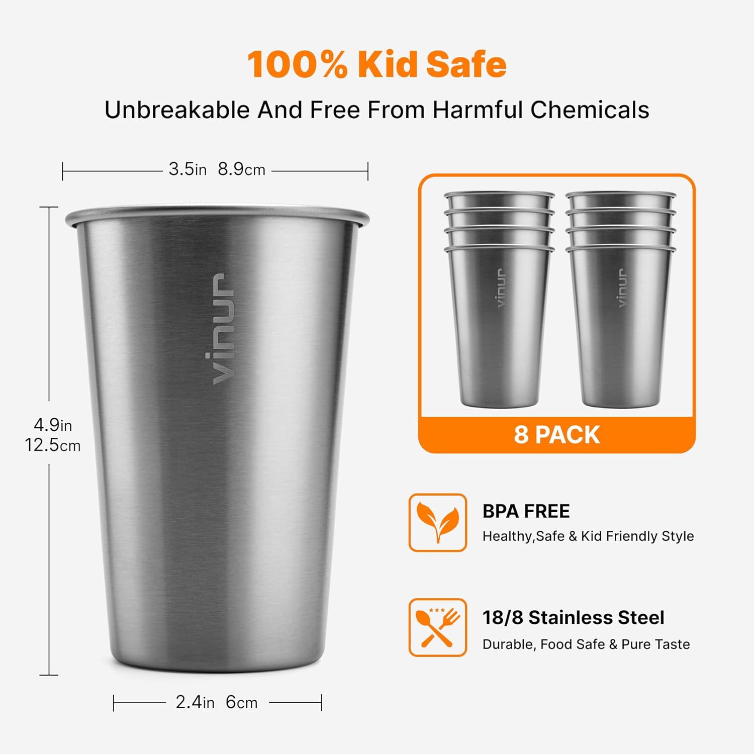 VINUR 8 Pack Stainless Steel Cups 16 oz Pint Tumbler Cup Stackable Metal Drinking Glasses for Travel, Camping, Outdoors - Image 4