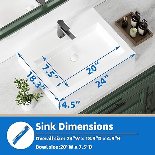 Miniatura 43 de KINGWONG Fregadero de encimera de 24 pulgadas para baño, lavabos de baño rectangulares modernos, poco profundos, de porcelana de cerámica blanca