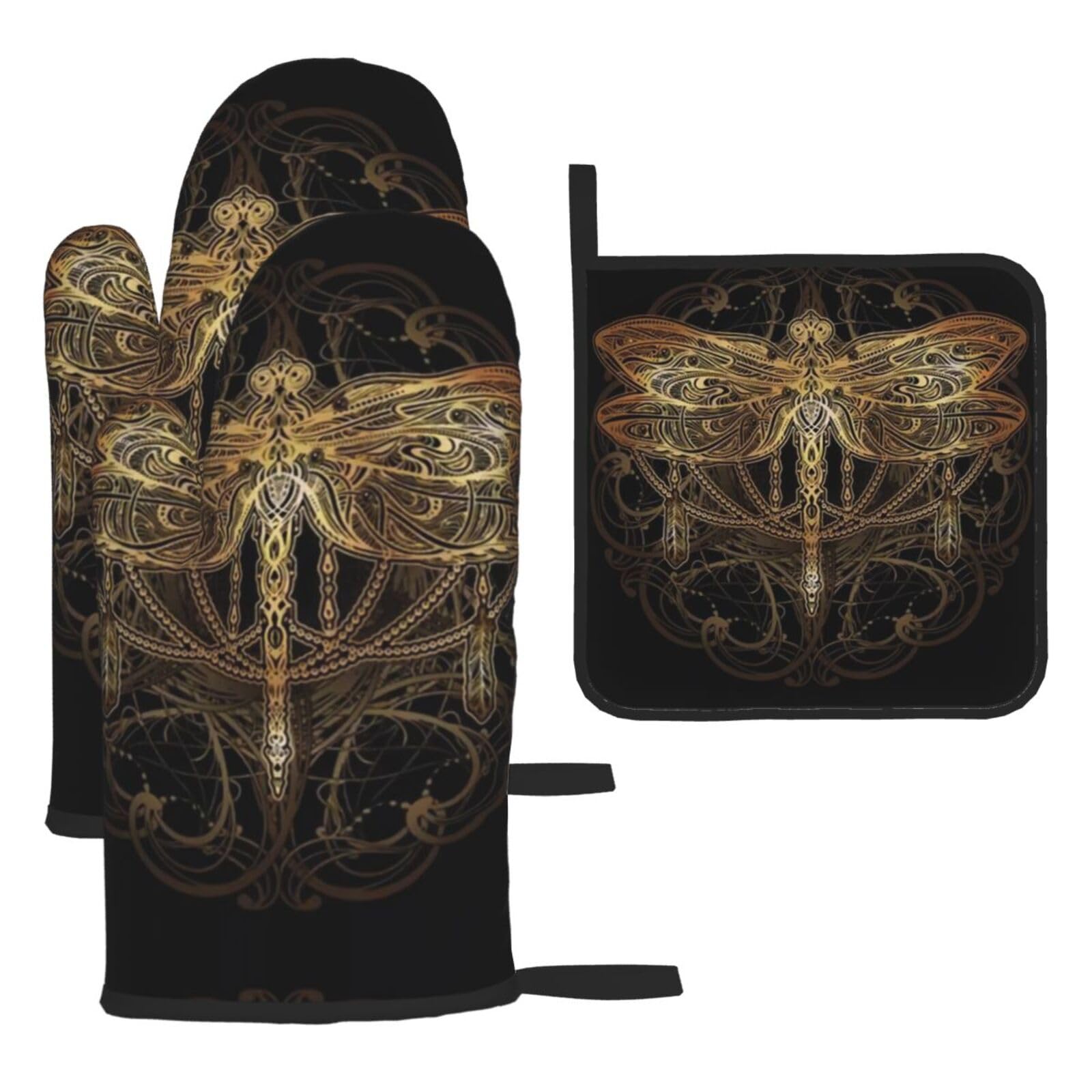dragonfly Printed Kitchen Oven Mitt Set 3-Piece Heat Resistant Gloves with Pot Holder Mat for Cooking Baking BBQ