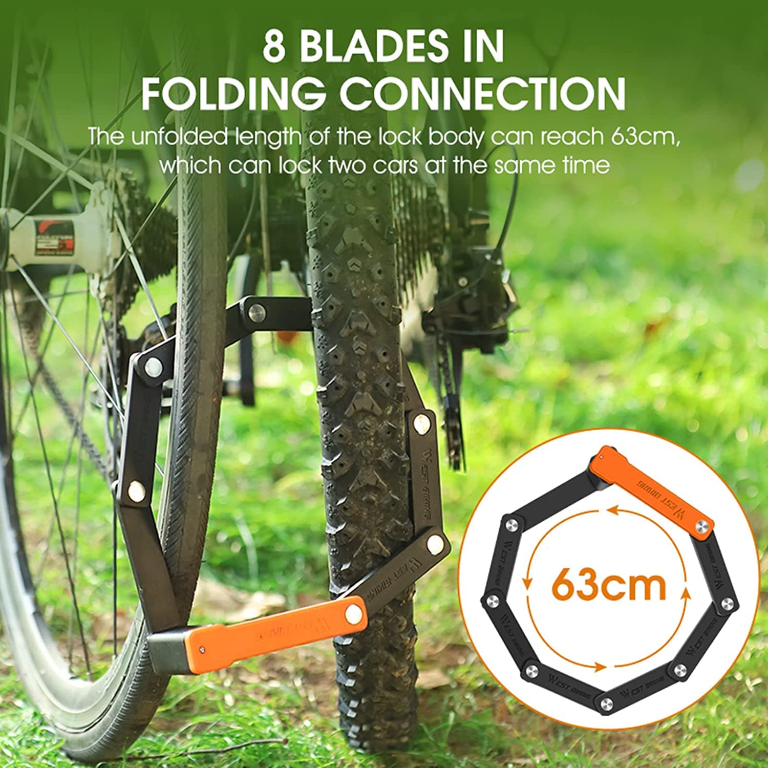 Lucchetto Pieghevole Compatto per Bicicletta, antifurto, con Catena di Sicurezza per Bicicletta, con Staffa per Bici elettriche/Scooter, con 3 Chiavi (Nero, 63 cm)