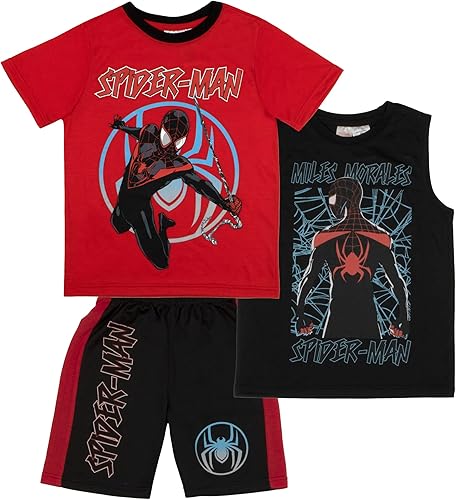 Marvel Avengers Spider-Man Black Panther Miles Morales - Conjunto de camiseta de manga corta para niños, camiseta sin mangas y pantalones cortos de
