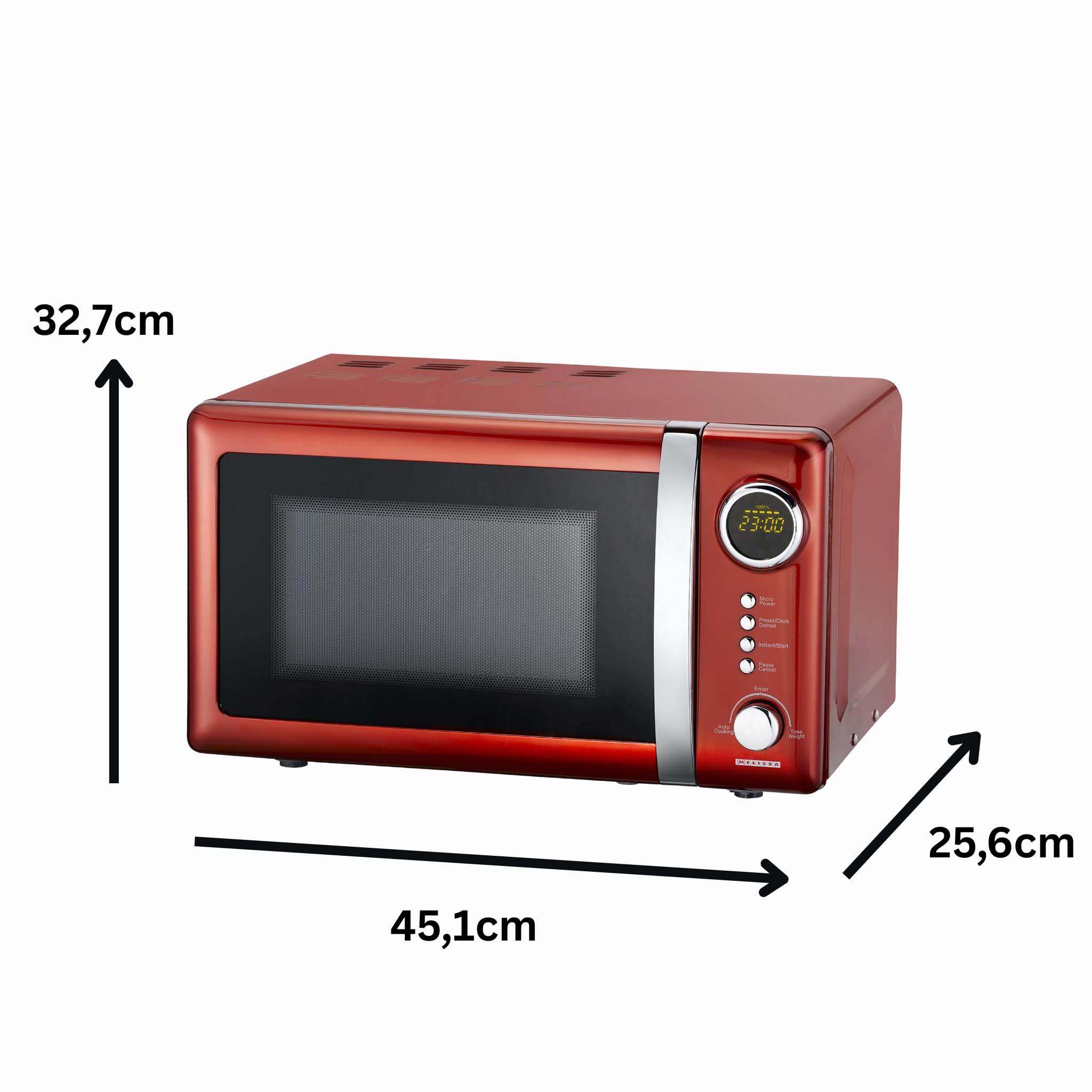 Melissa 16330109 Classico Microondas - Horno microondas - Diseño retro - Carcasa metálica - Cámara de cocción de 20 litros - Potencia de700 vatios - Temporizador - 5 niveles de potencia - rojo