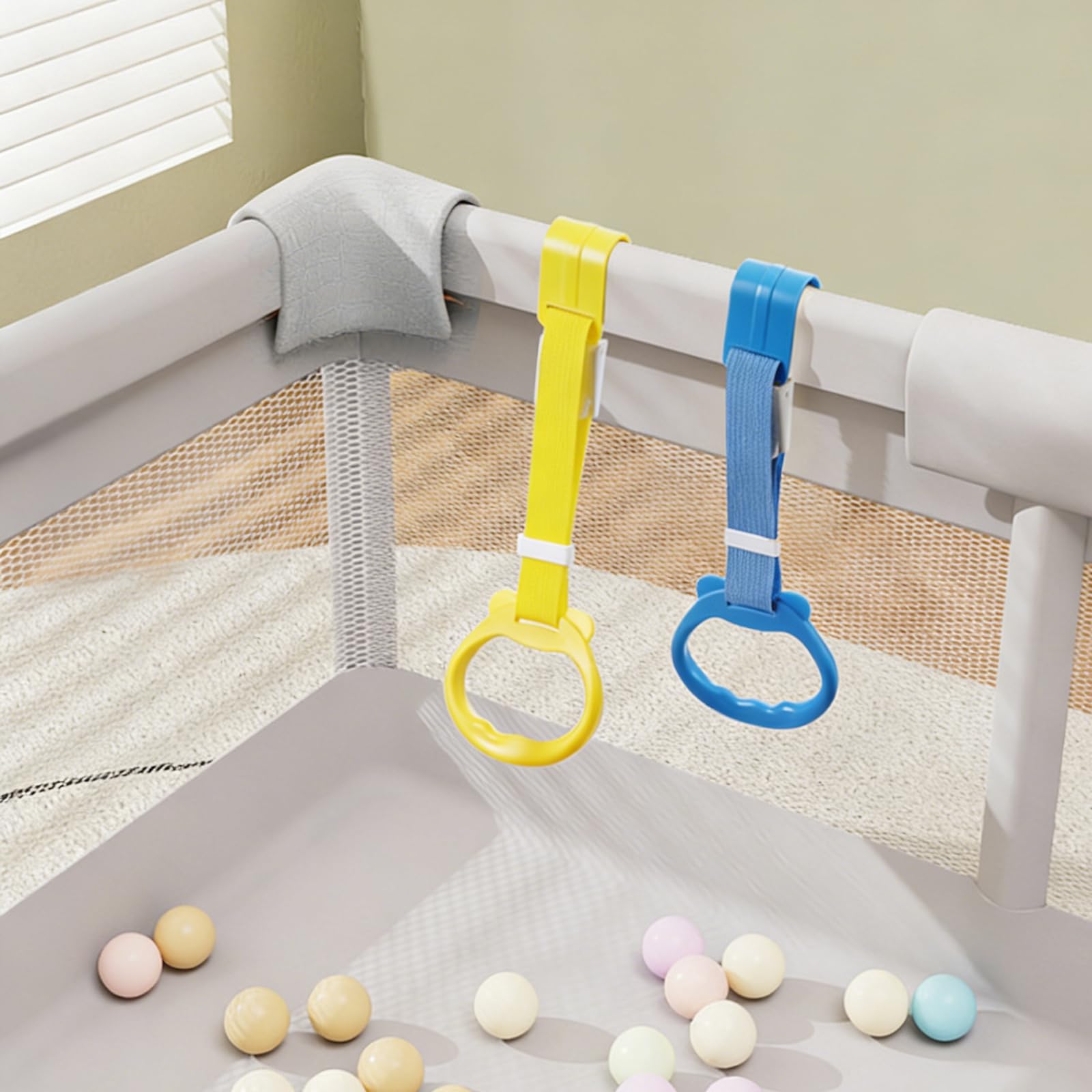 2 Pezzi Maniglie per Box, Anelli Lettino per Aiutare i Bambini a Imparare a Stare in Piedi, Appesi Sopra il Lettino da Campeggio, Grande,Regolabile
