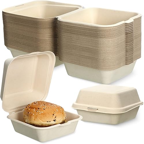Potchen Paquete de 300 recipientes de 6 x 6 pulgadas, caja de comida para llevar con tapa con bisagras para sacar sándwiches, ensaladas, pasta para