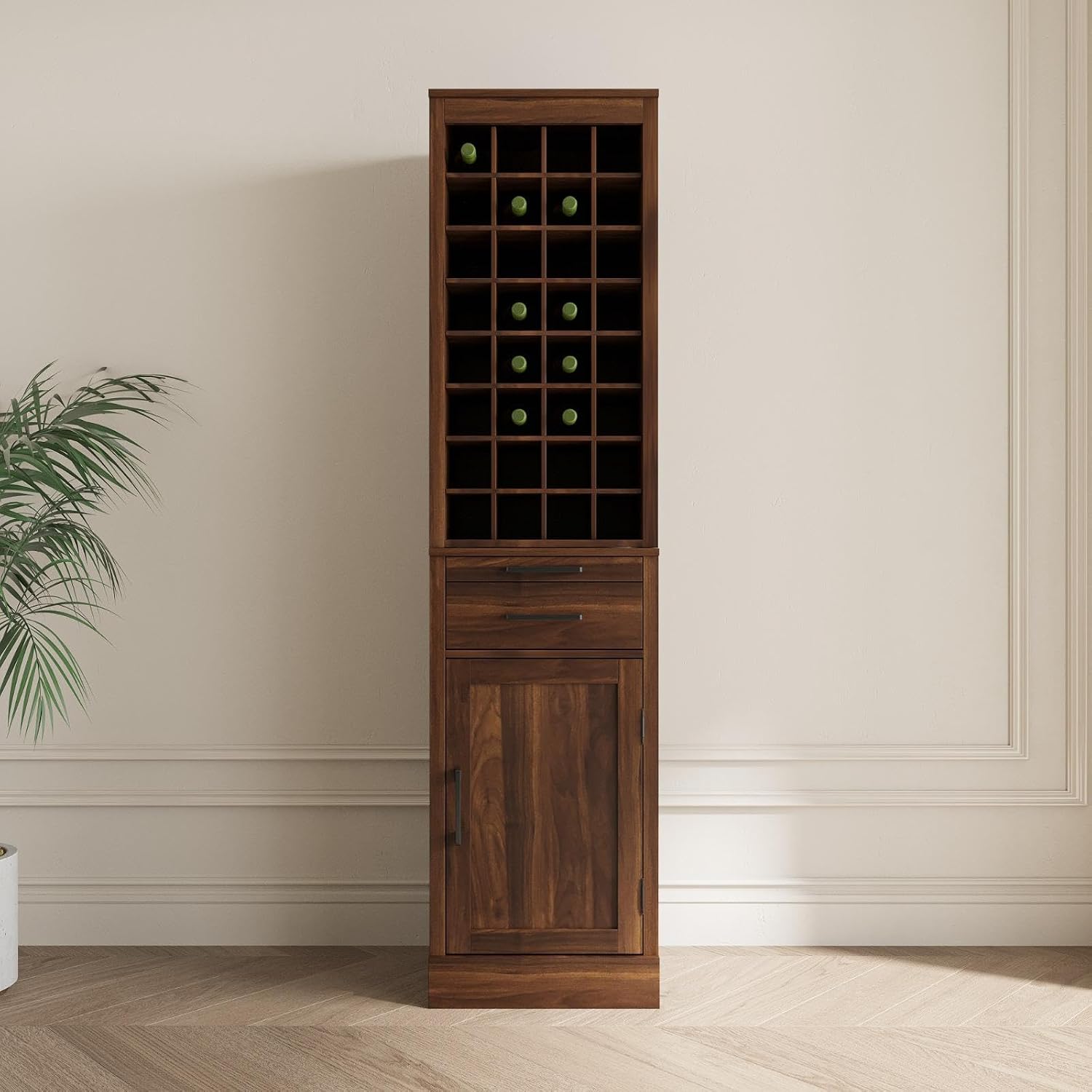 Modular Wine Bar Cabinet - Elegant Dining Room Storage Solution with Single Drawer, Shelf, and Cupboard, Walnut Brown