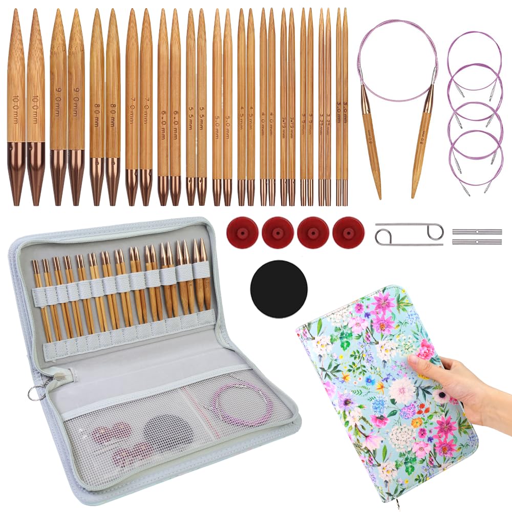 Knitiss Rundstricknadeln Set Bambus, 13 Paar, Rundstricknadeln 3–10 mm | Set mit austauschbaren Rundstricknadeln, 10 cm, mit 360°-Drehgelenk